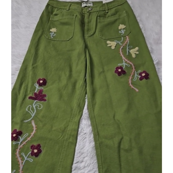 Free People We The Free Winter Bloom Embroidered Wide Leg Jeans Grasshopper 31 - Picture 8 of 9
